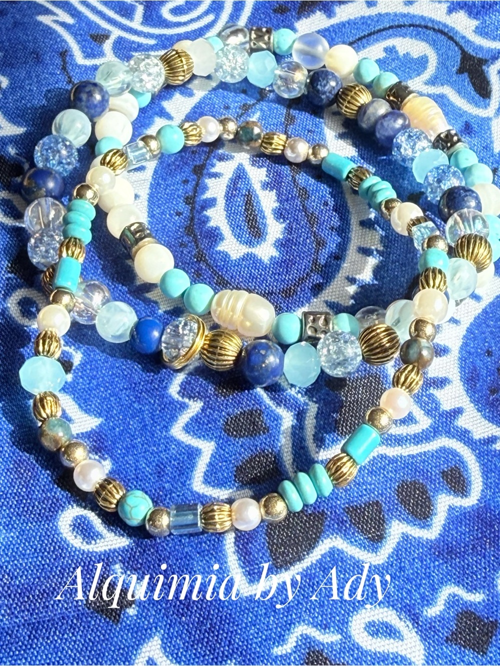 Baroque pearl Turquoise & Blue gemstones Multi‑Bead Curated stack Bracelet